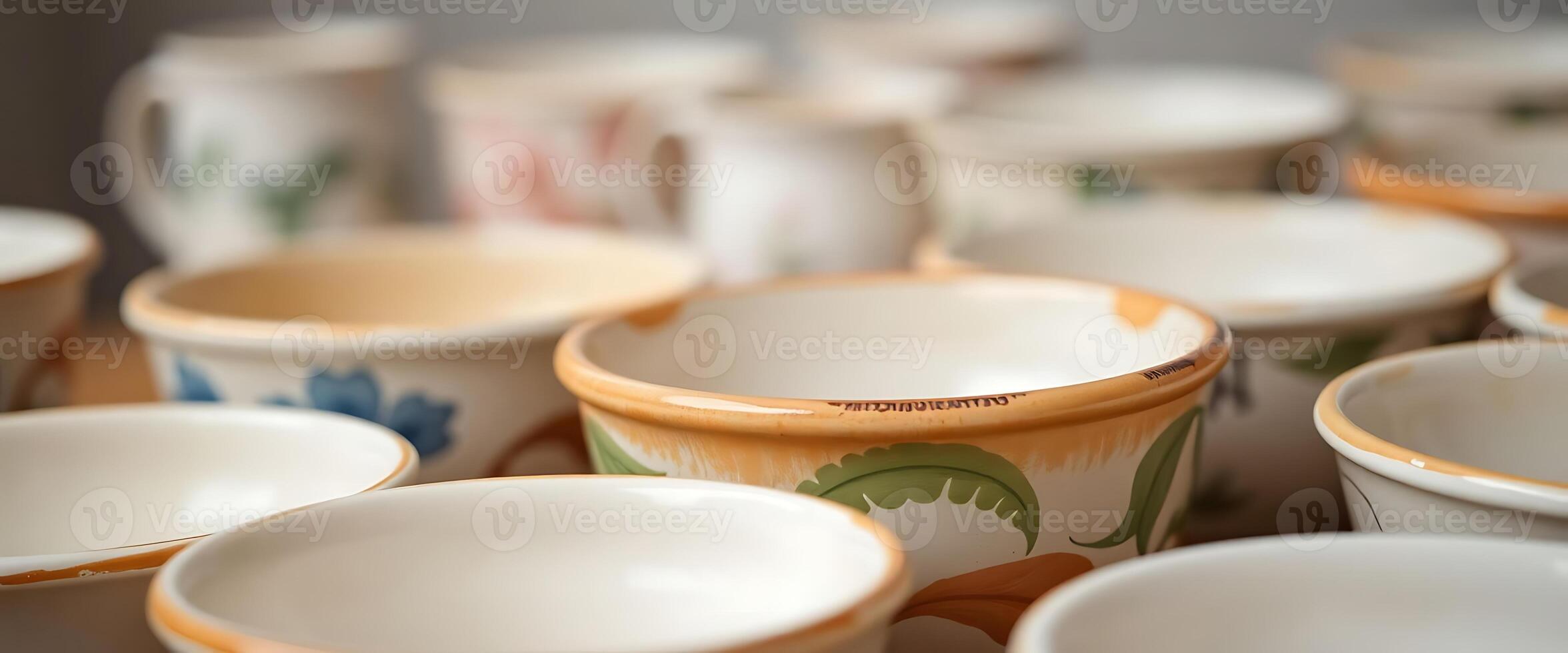 table topped with lots of white and yellow bowls photo