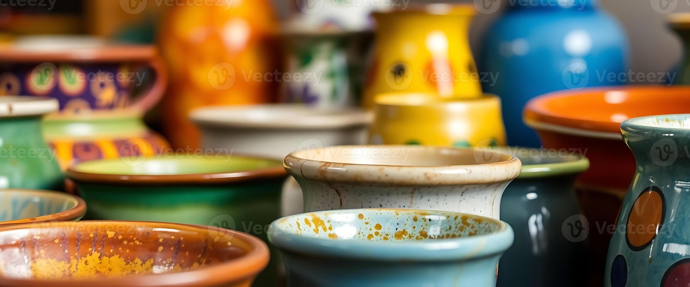 bunch of colorful vases sitting on top of a table photo