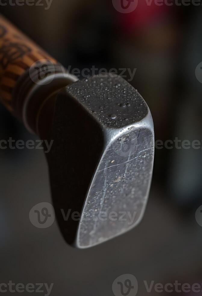 close up of a hammer with a wooden handle photo