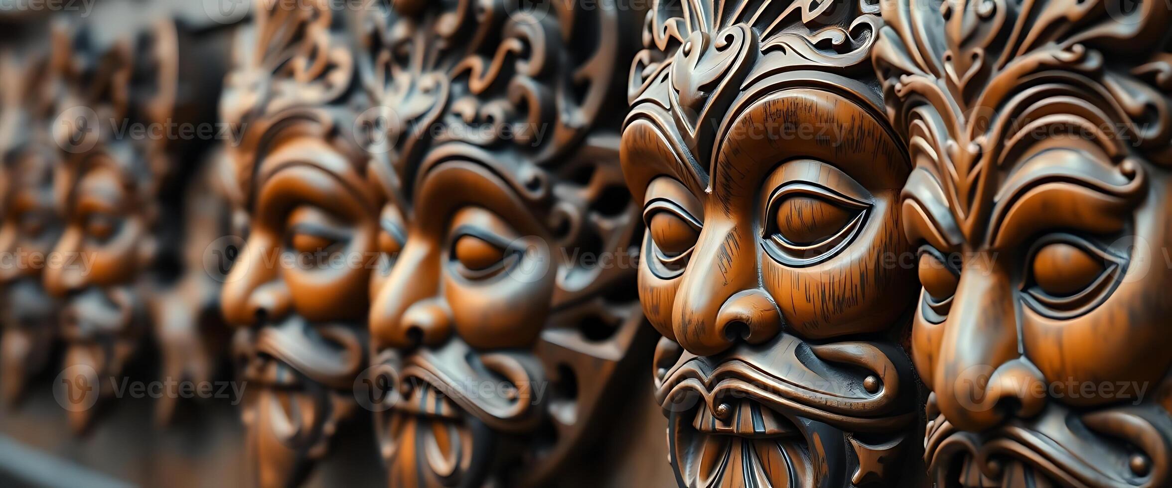 row of wooden masks on a wall photo