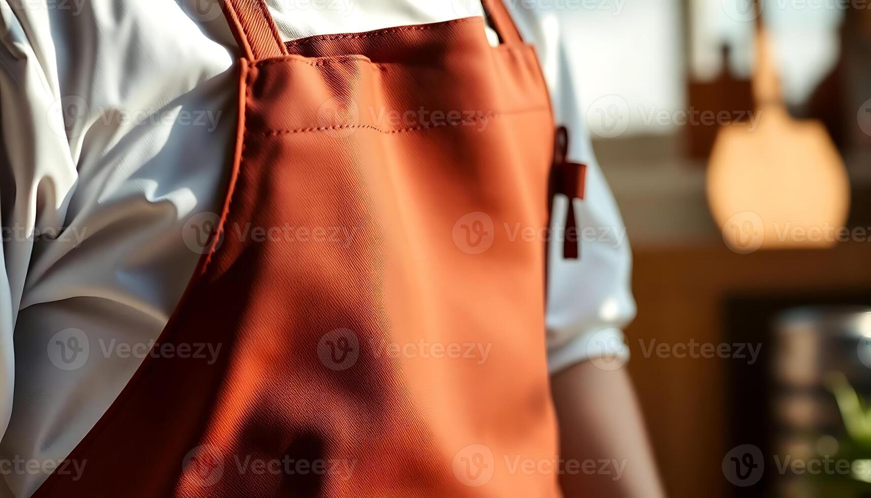 person wearing an orange apron and a white shirt photo