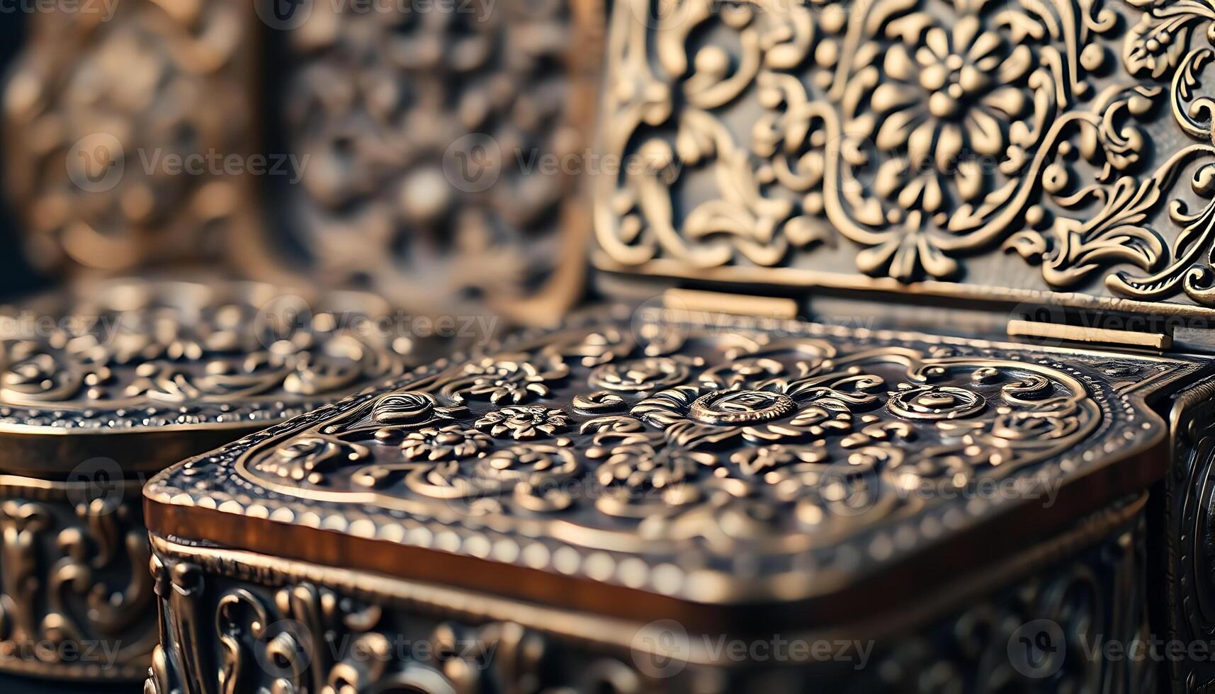 close up of a metal box with intricate designs photo