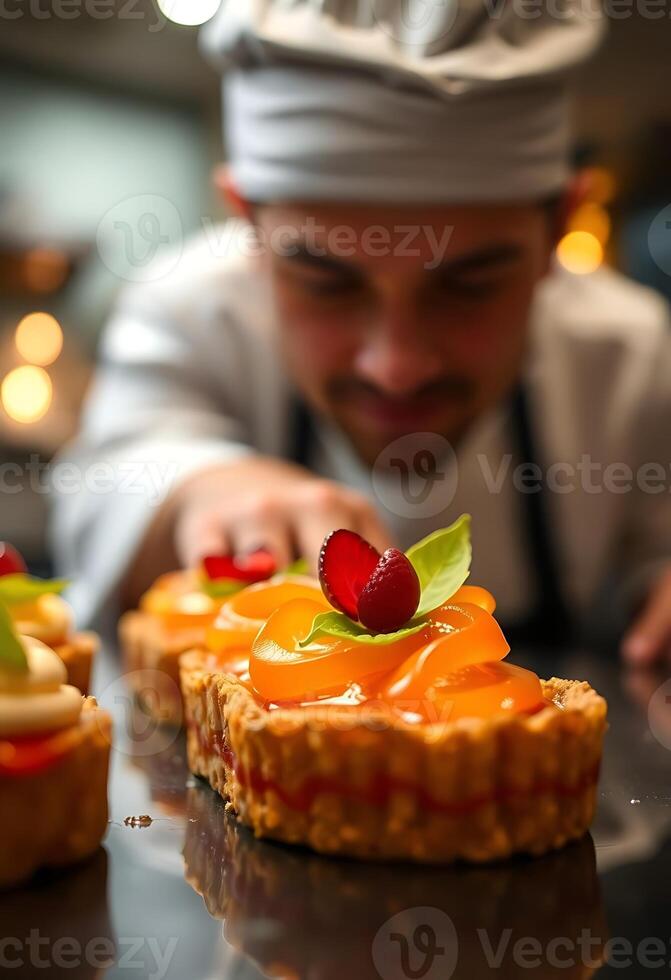 man in a chef's hat looking at a pastry photo