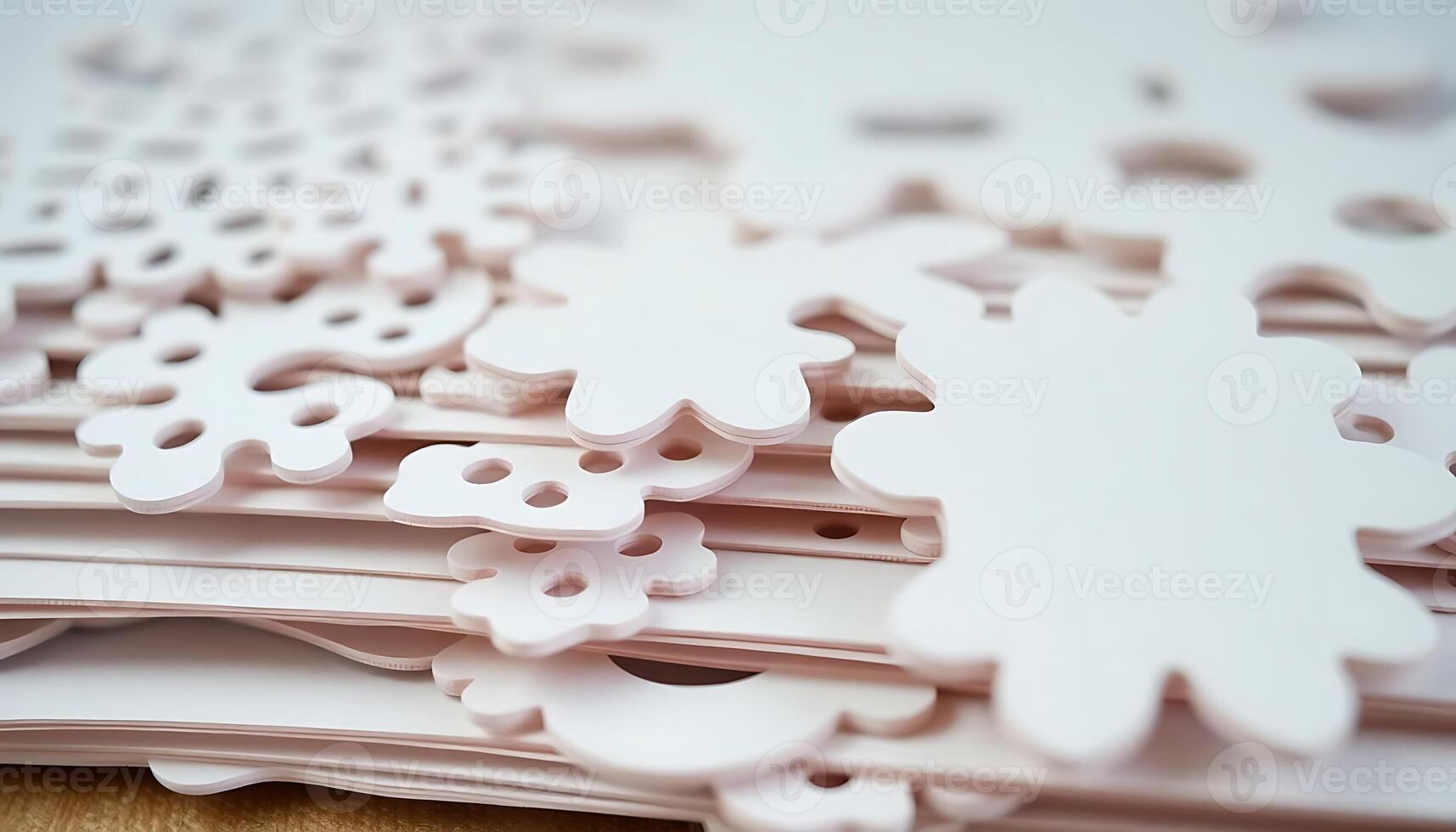 pile of white snowflakes sitting on top of a table photo