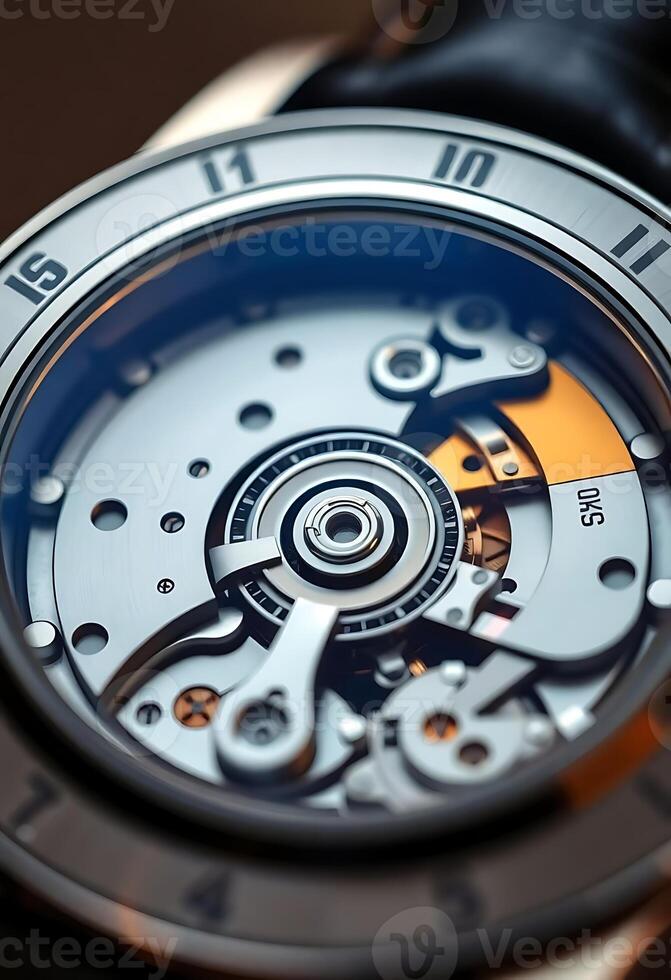 close up of a watch face with a black strap photo