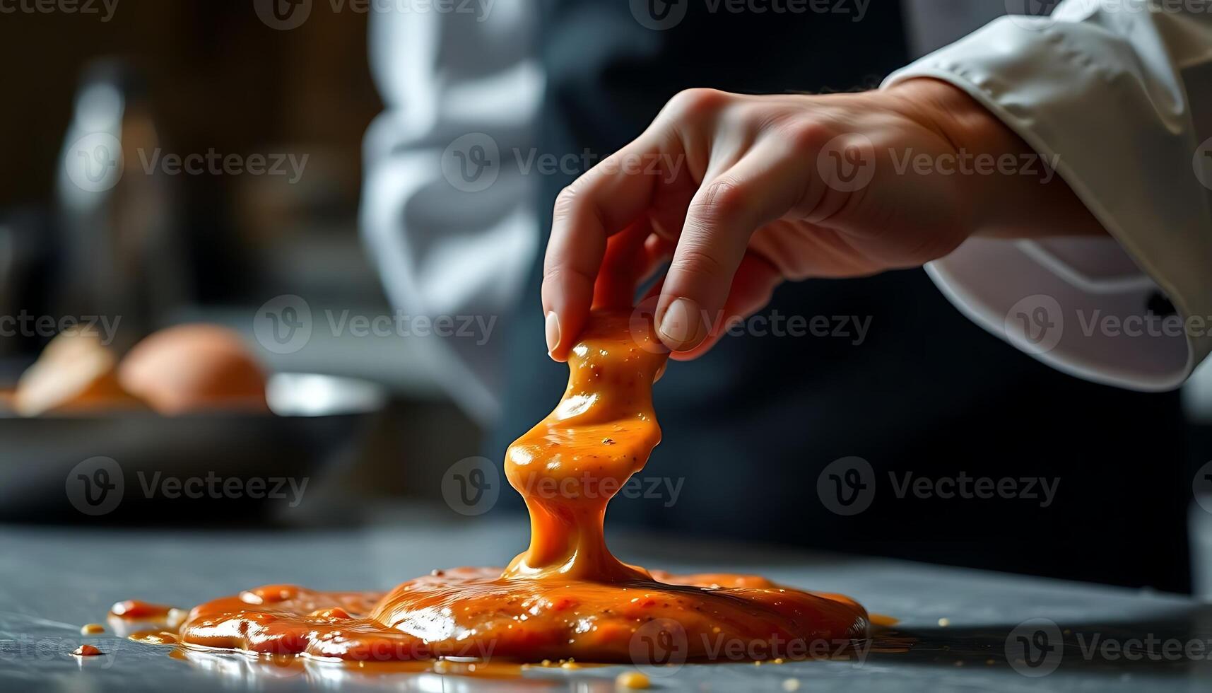 person drizzling sauce on a piece of food photo