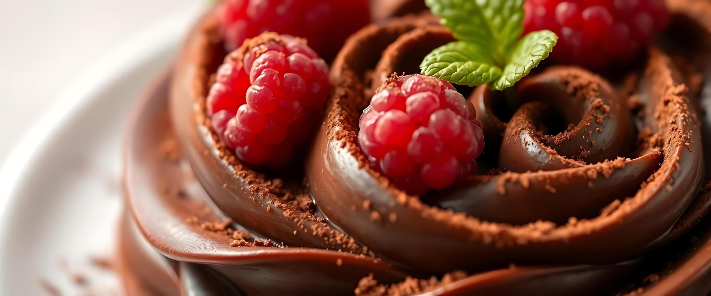 chocolate cake with raspberries on top of it photo