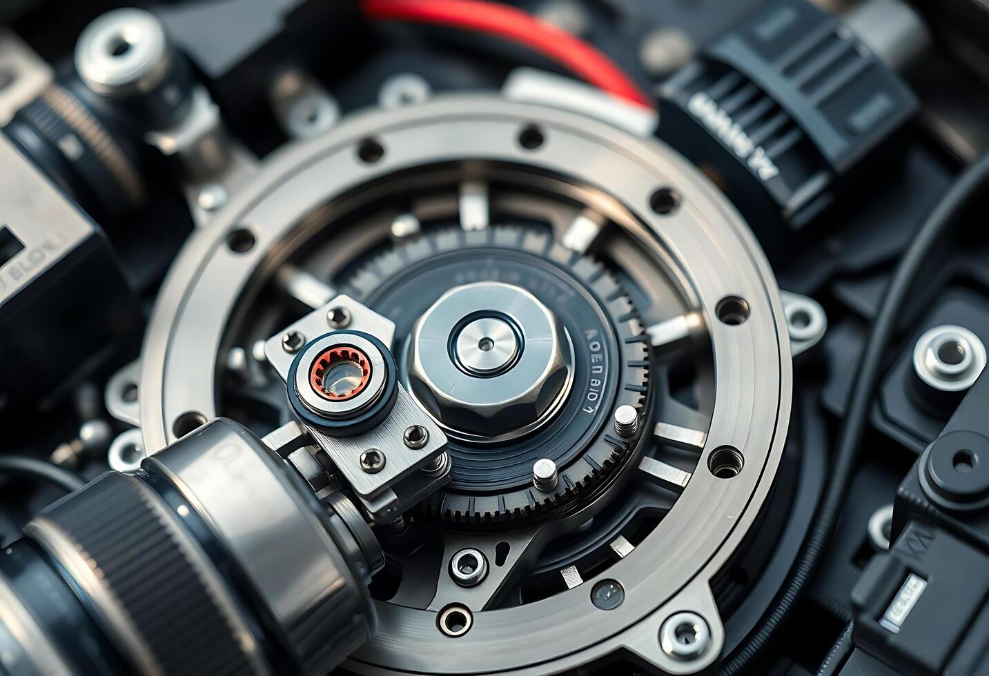 close up of a watch with a red and black strap photo