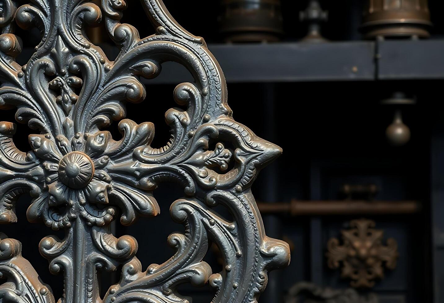 close up of a metal gate with bells in the background photo