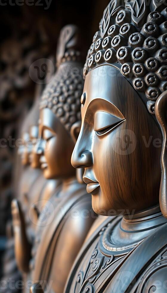 row of buddha statues sitting next to each other photo