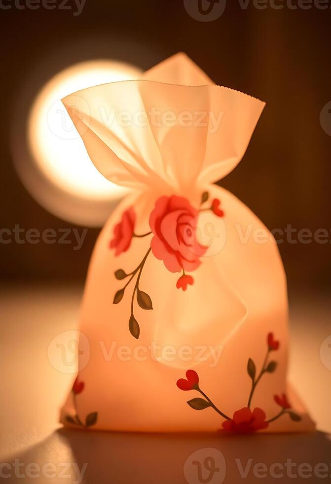 white bag with a rose design on it photo