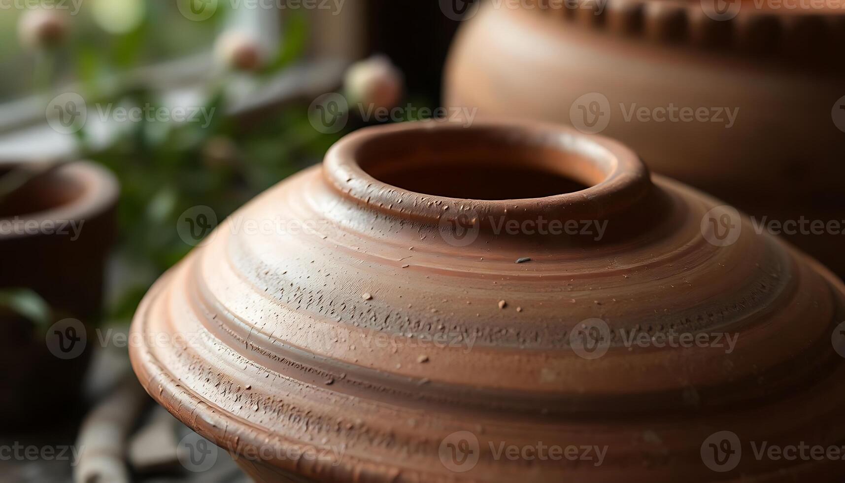 close up of a clay pot on a table photo