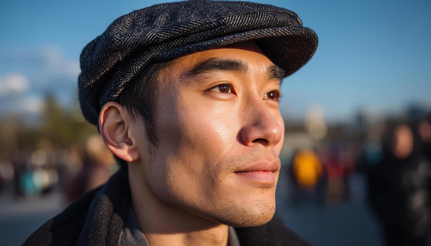 Asian man gazing into the sunlight urban setting portrait photography daylight close-up perspective photo