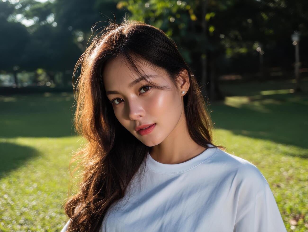 Sunlit portrait of a cute thai woman in a green park outdoor lifestyle photography photo