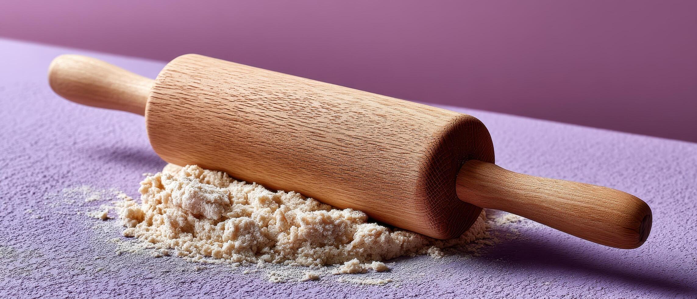 Rolling pin on textured dough calming lavender background food photography cozy kitchen close-up view photo