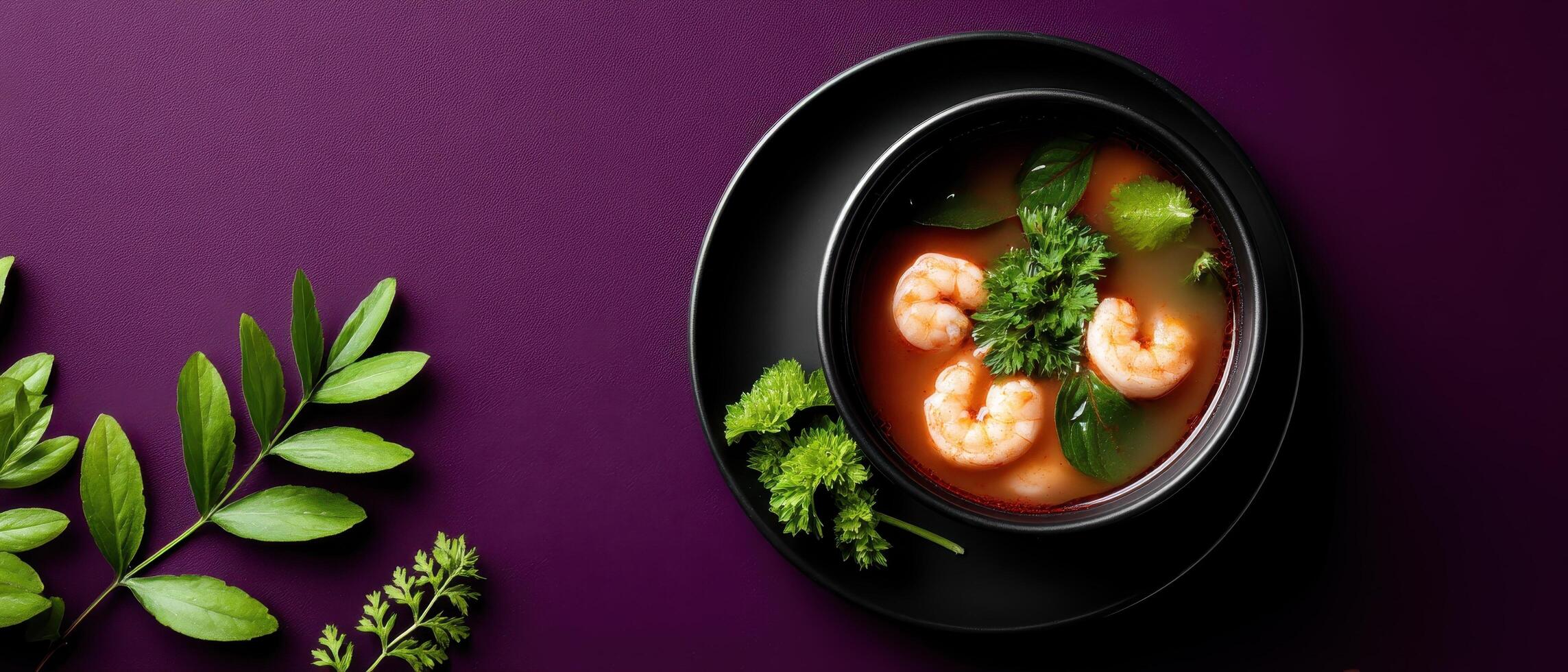 Elegant presentation of tom yam kung in black bowl modern kitchen food photography minimalist style photo