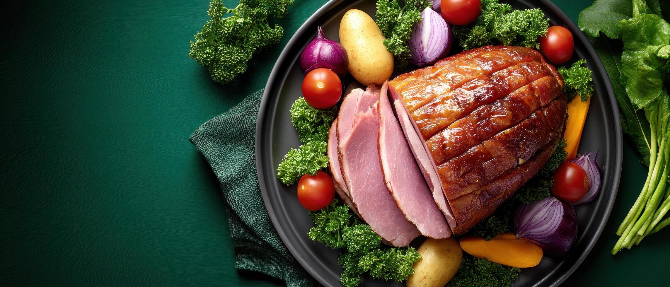 Overhead shot of honey-glazed smoked ham with fresh vegetables culinary delight gourmet kitchen aesthetic presentation photo