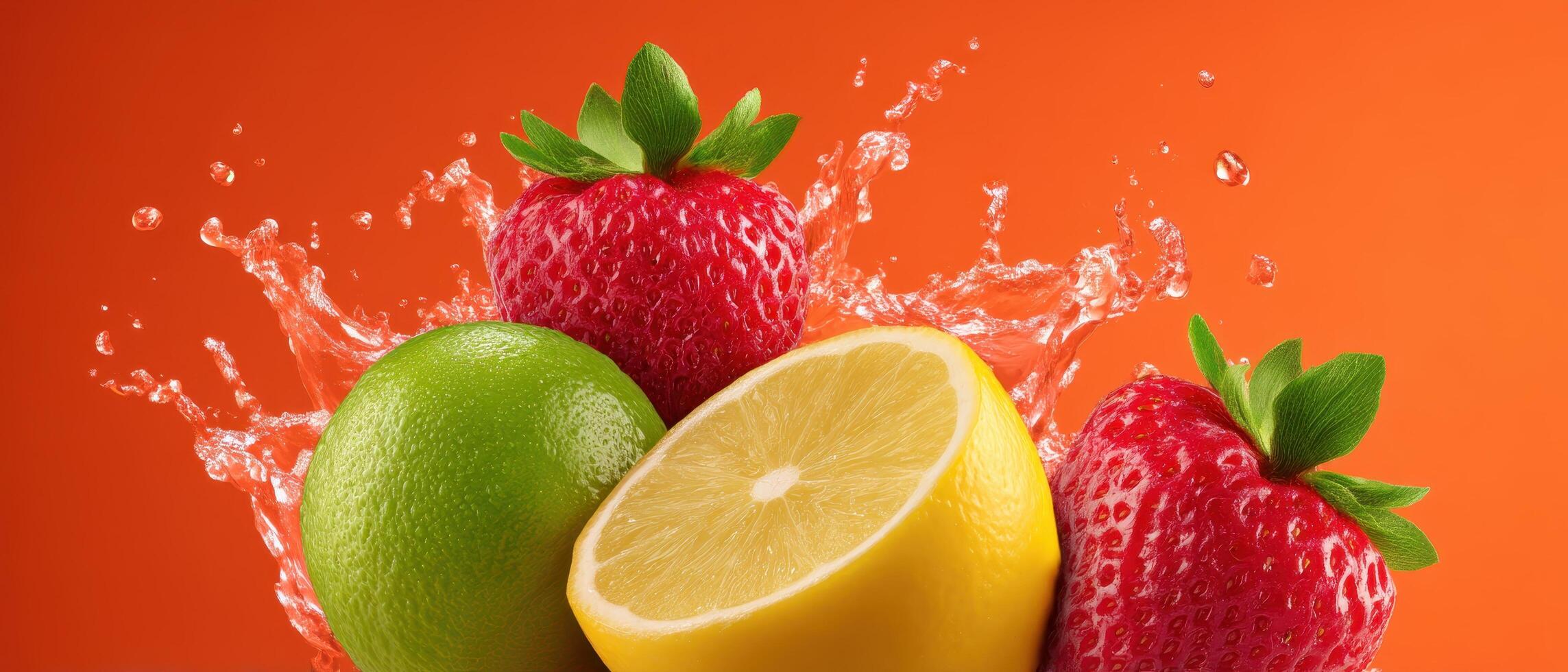 Dynamic splash of lemonade with strawberries and limes refreshing drink vibrant orange background photo