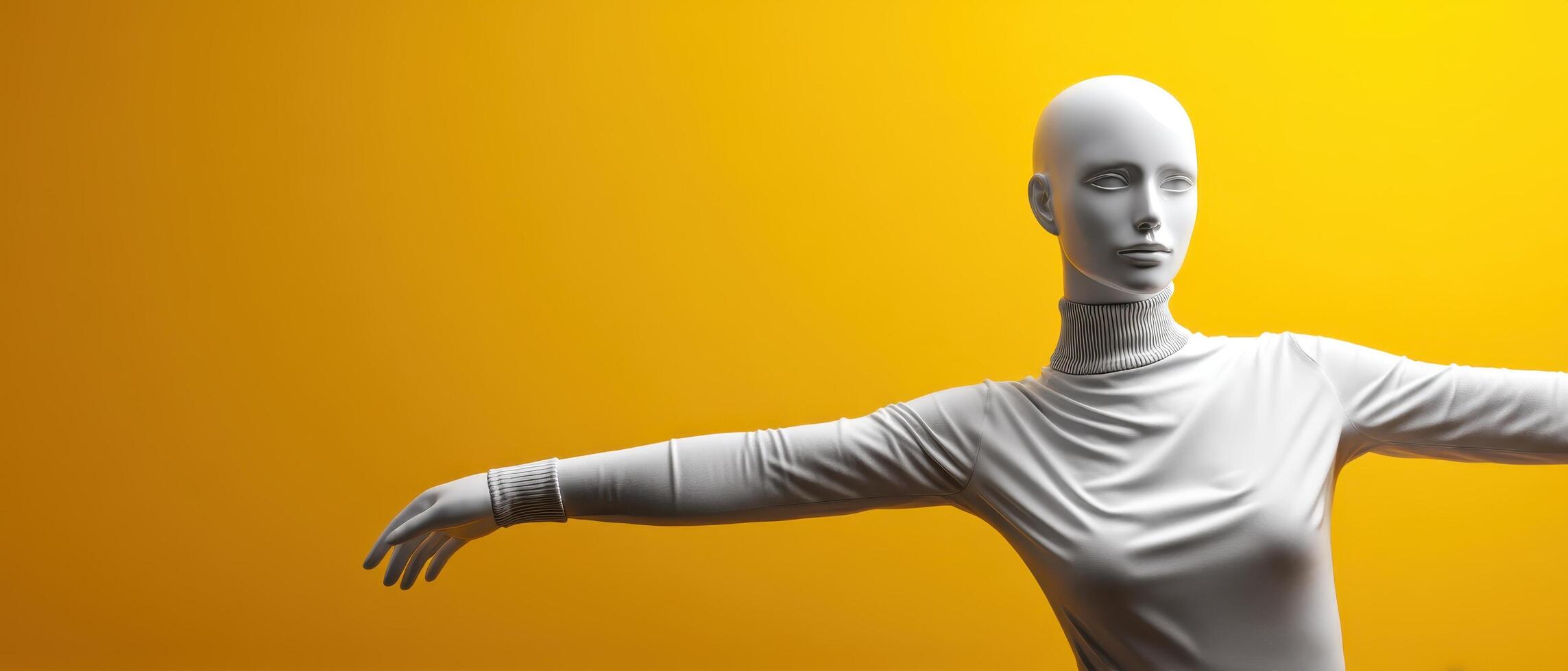 Dynamic mannequin pose in studio setting against vibrant yellow background photo