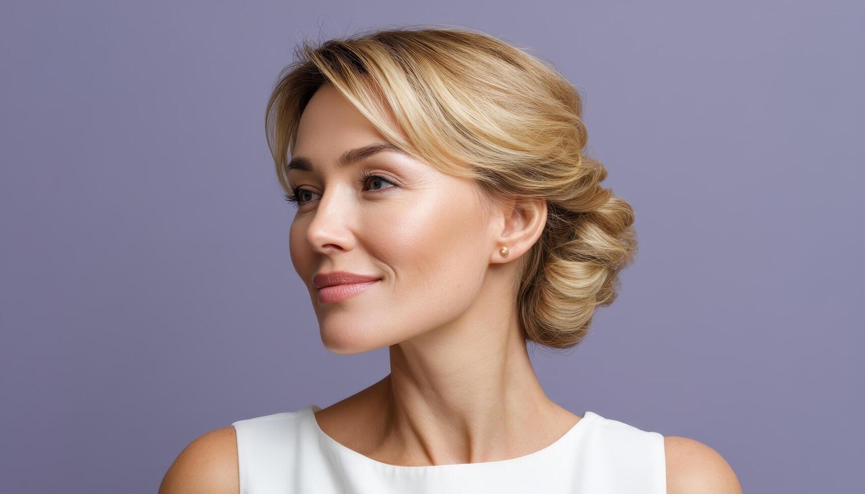 Elegant blond woman with sophisticated hairstyle studio portrait minimalist side view beauty concept photo