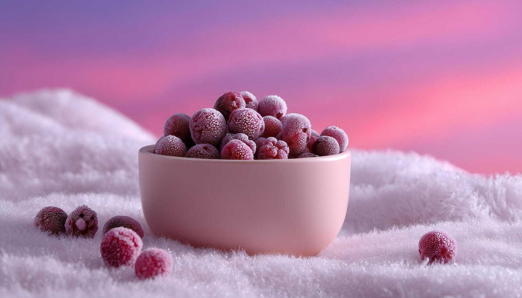 Frosty landscape with frozen berries in bowl nature scene vibrant background close-up view photo