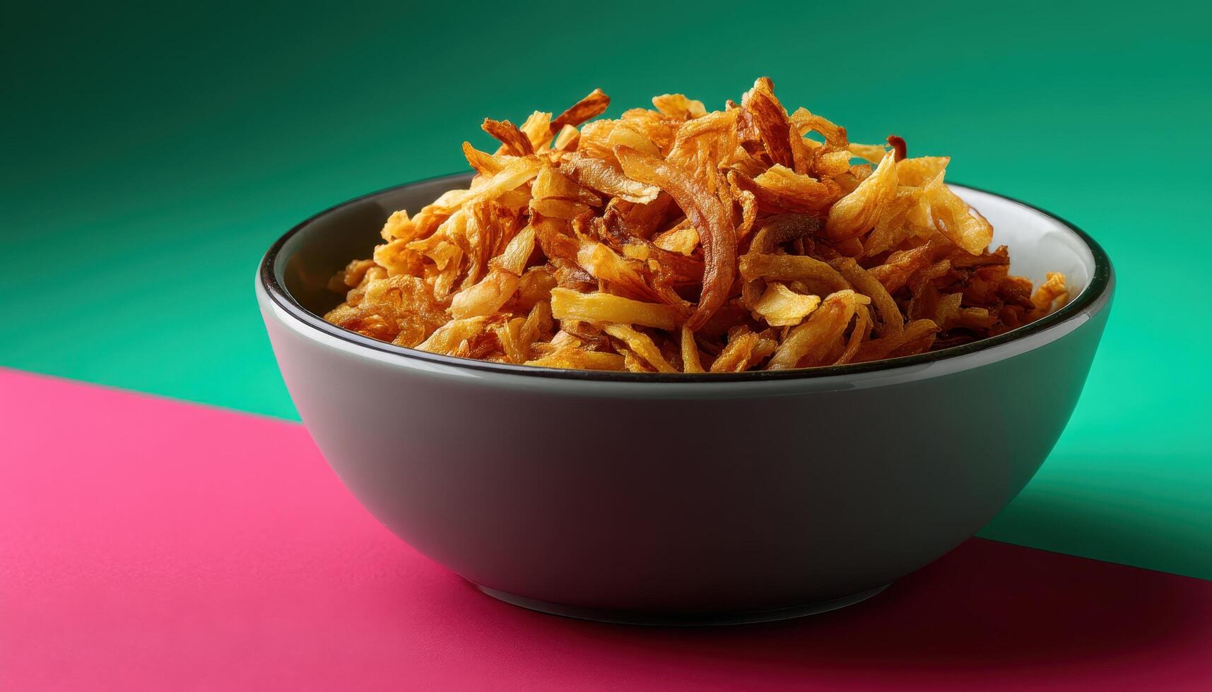 Fried onions delight modern kitchen food photography vibrant color top-down view culinary art photo