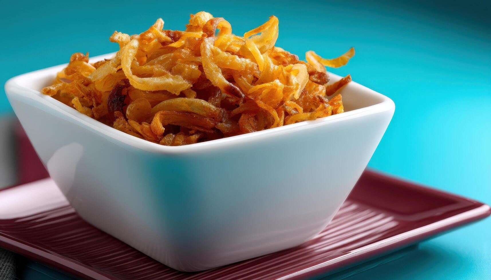 Fried onions delight modern kitchen food photography vibrant environment close-up view culinary art photo