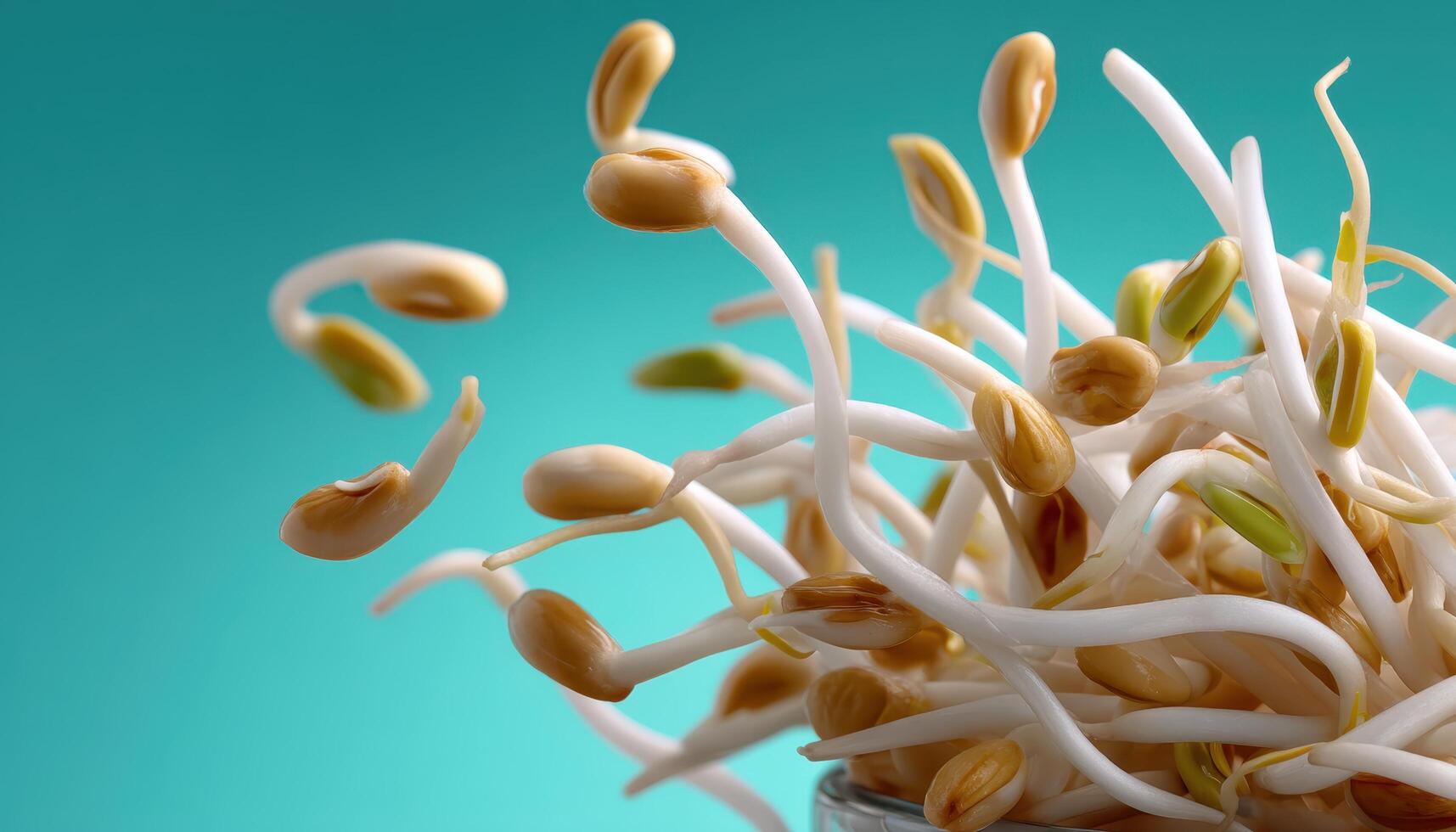 Dynamic midair shot of bean sprouts studio food photography minimalist background top view freshness concept photo