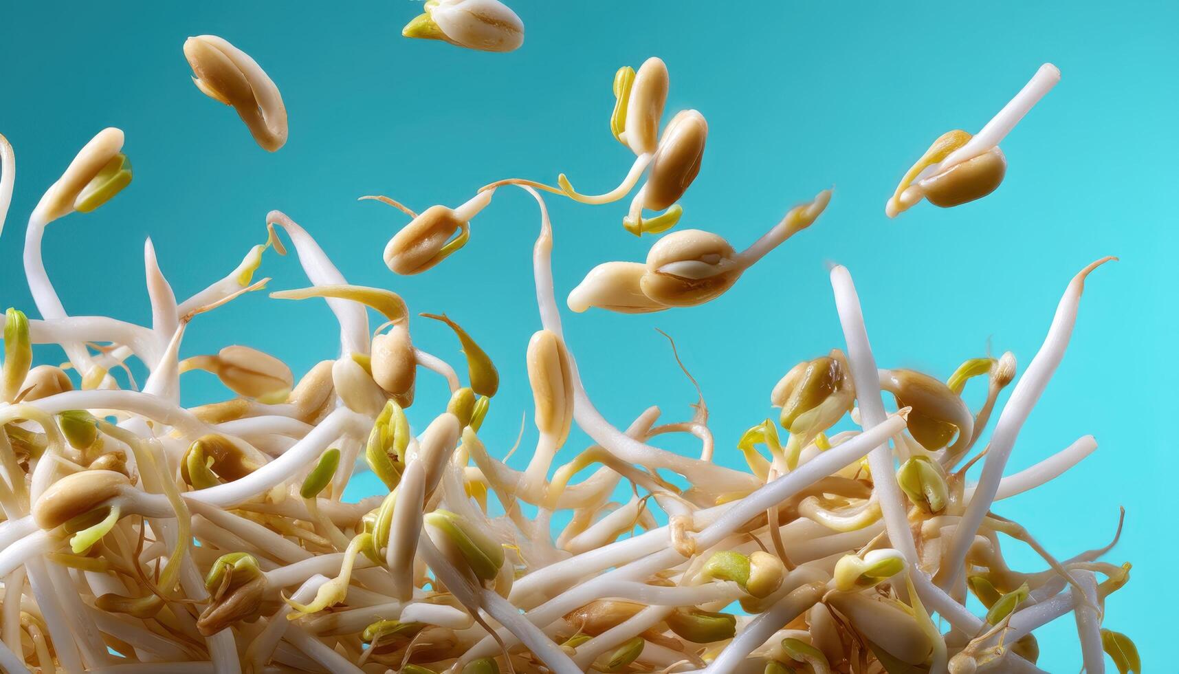 Dynamic shot of bean sprouts midair against standard background food photography vibrant colors photo