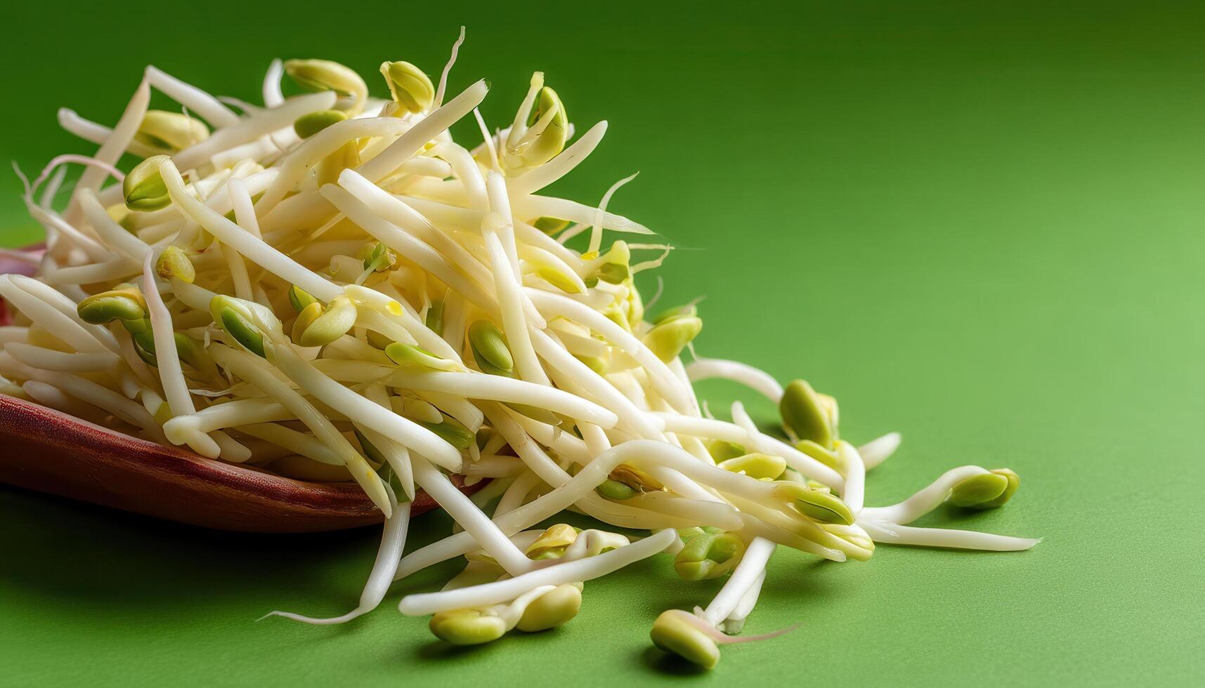 Fresh bean sprouts displayed on vibrant green background food photography bright environment close-up view photo