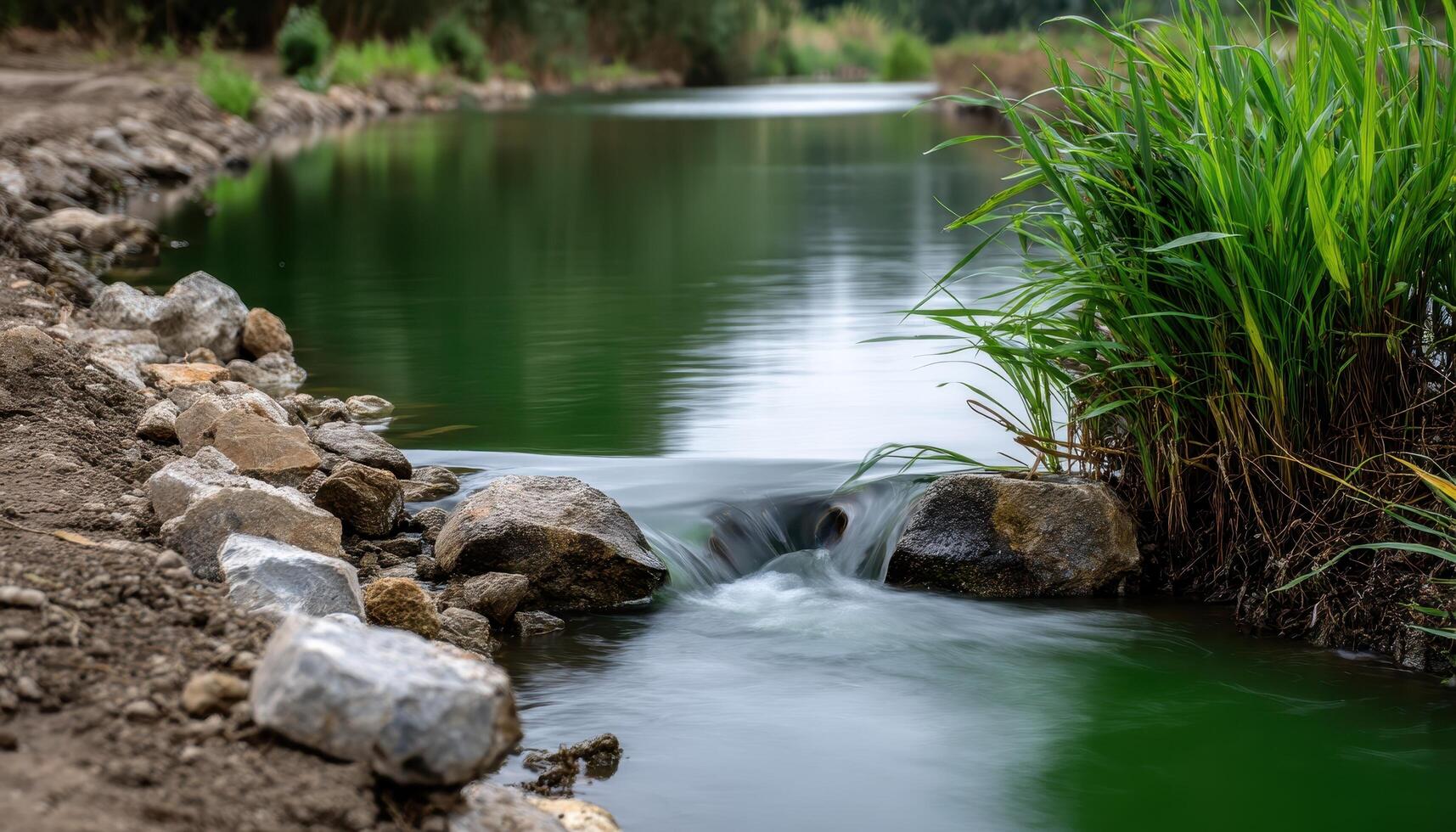 Long exposure of flowing green water nature scene tranquil riverbank outdoor viewpoint environmental concept photo