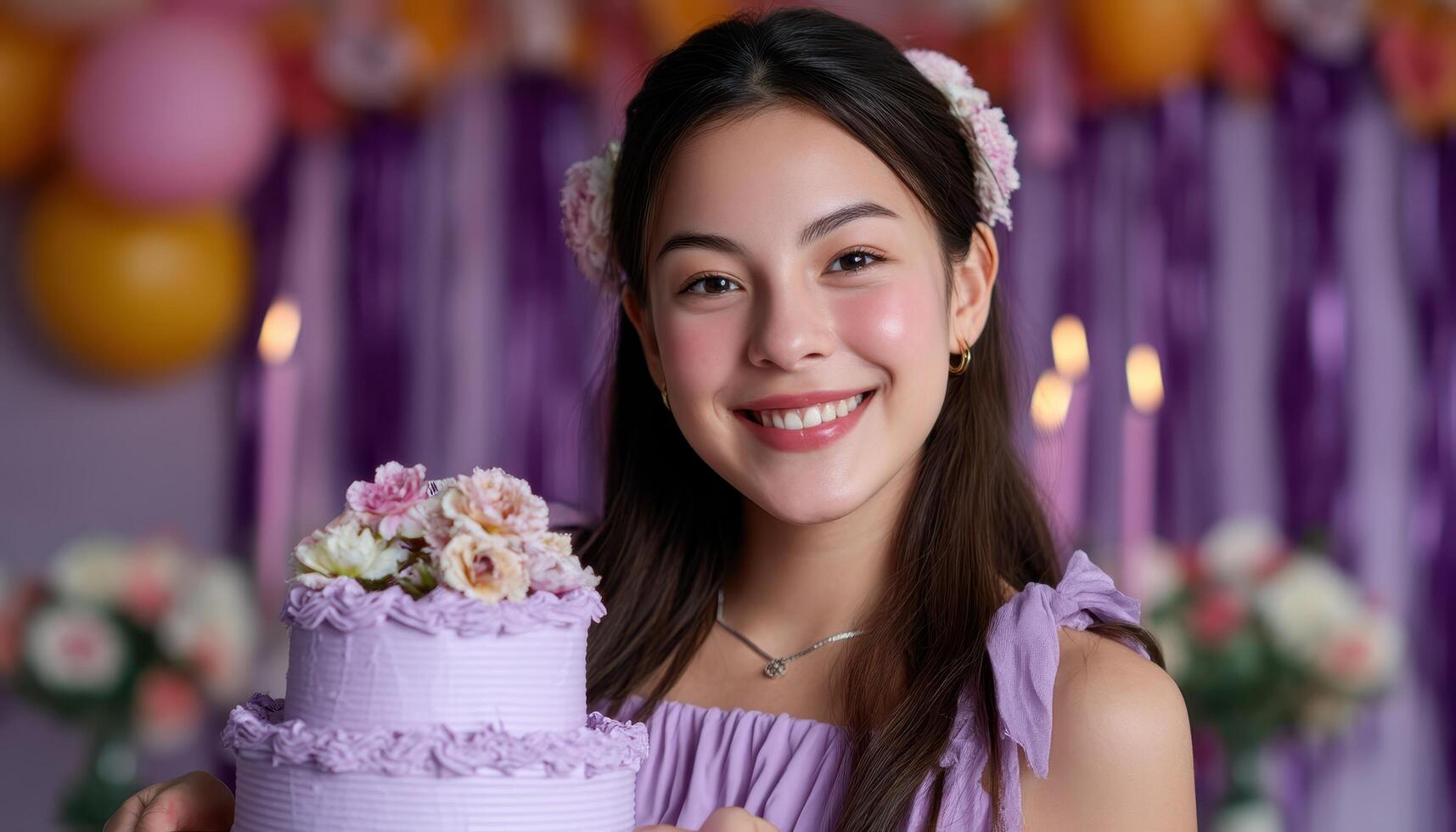Cheerful young girl celebrating birthday in dreamy lavender decor indoor setting joyful vibe photo