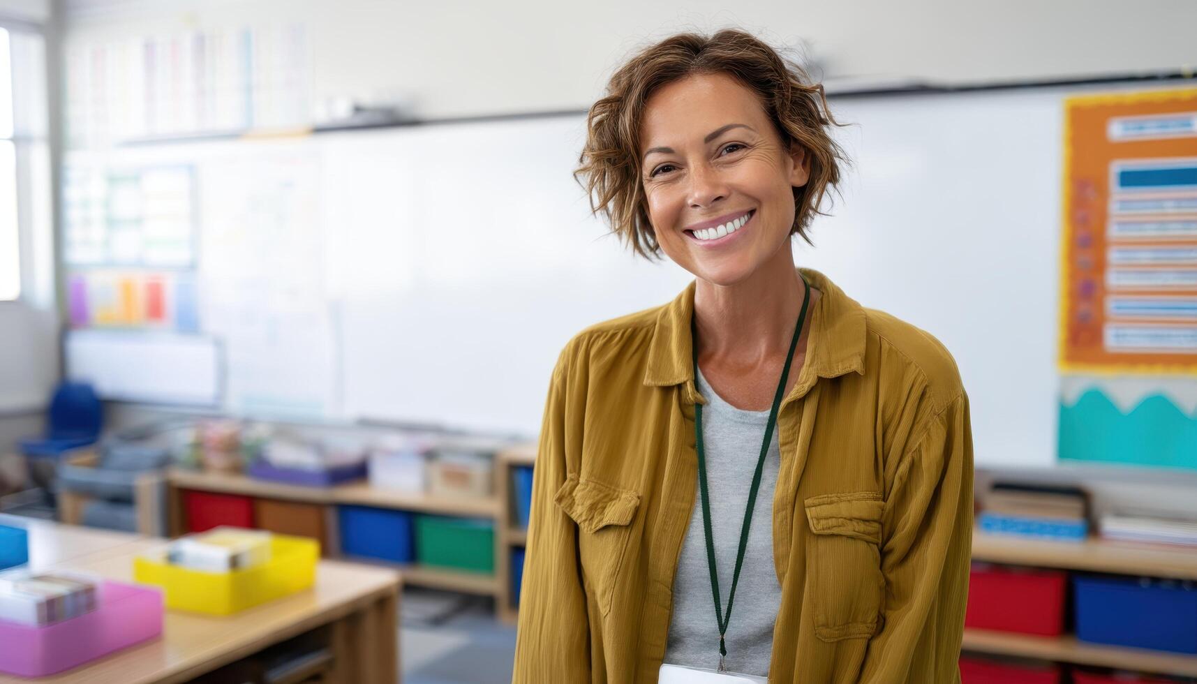 Joyful teacher engaging students in a sunlit classroom educational environment inspirational concept photo