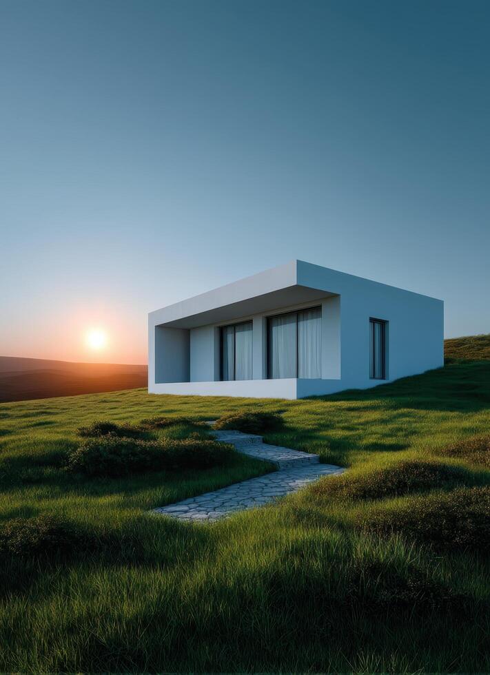 Sunset over minimalist house serene landscape architecture modern design natural environment photo