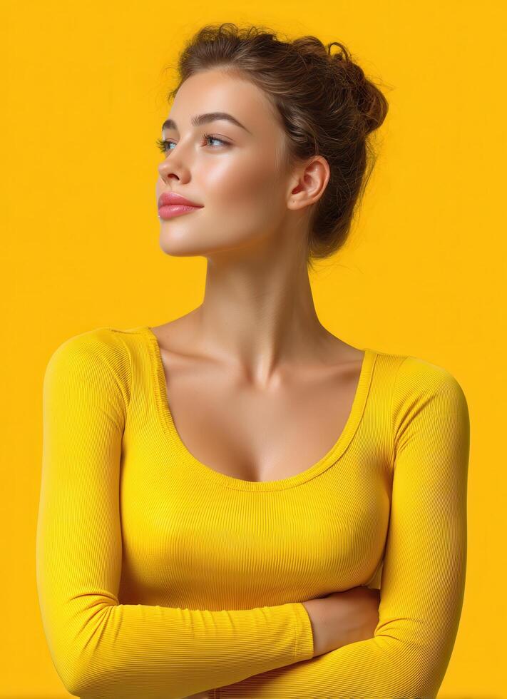 Confident young woman posing bright yellow background lifestyle portrait indoor side view empowerment photo