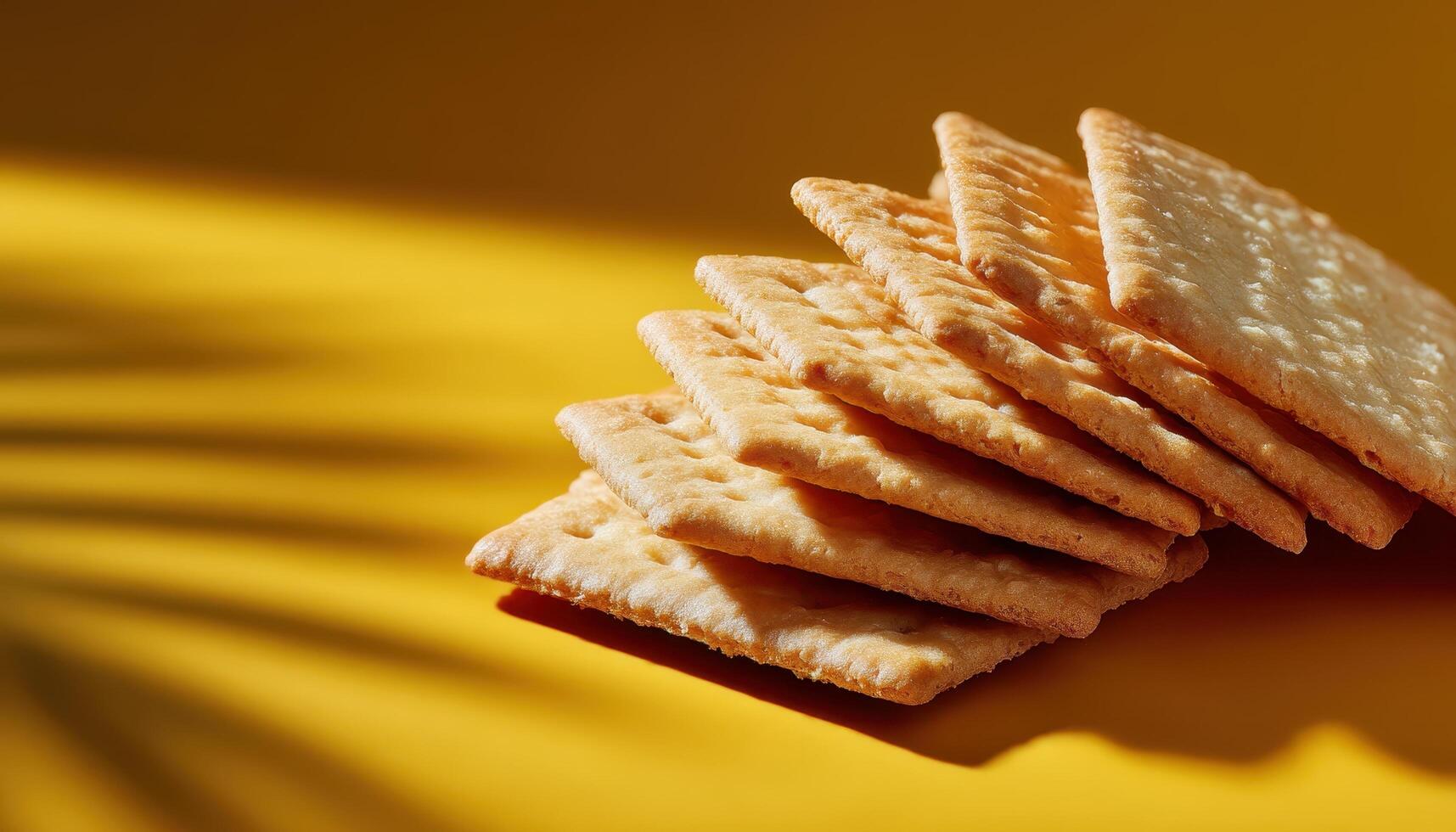 Delicious thinly sliced cracker biscuits arrangement vibrant yellow background closeup food photography photo