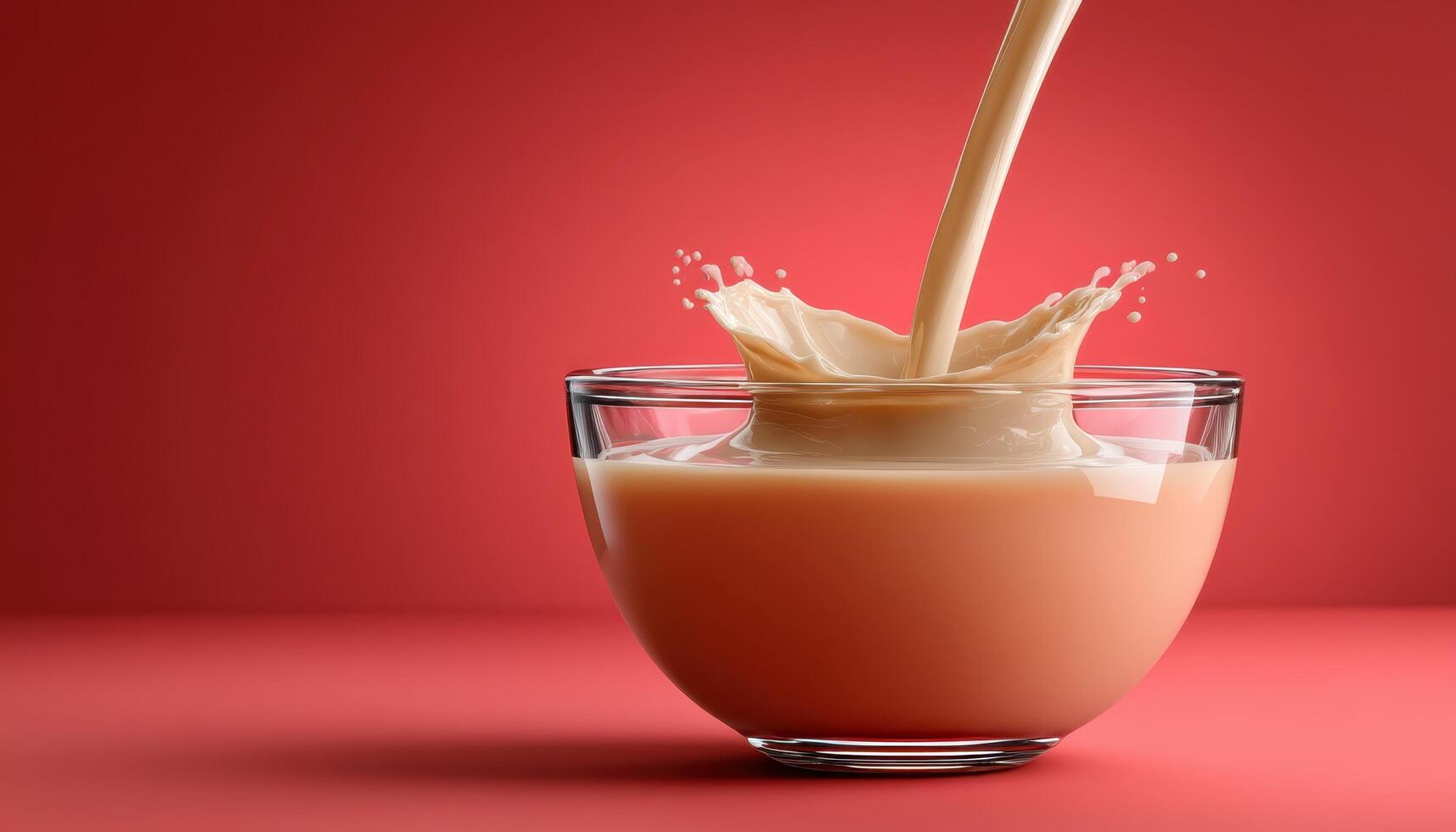 Condensed milk stream pouring into a glass bowl food photography studio environment close-up view photo
