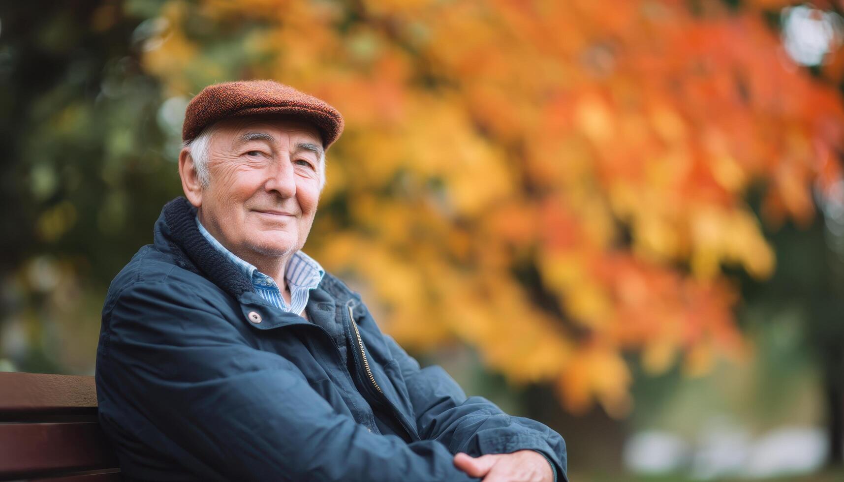 Elderly man smiling on park bench autumn park portrait photography warm atmosphere close-up view photo