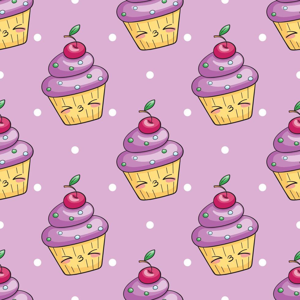 Cute seamless pattern with kawaii cupcakes and charming emotions. Doodle character, endless texture on purple background vector