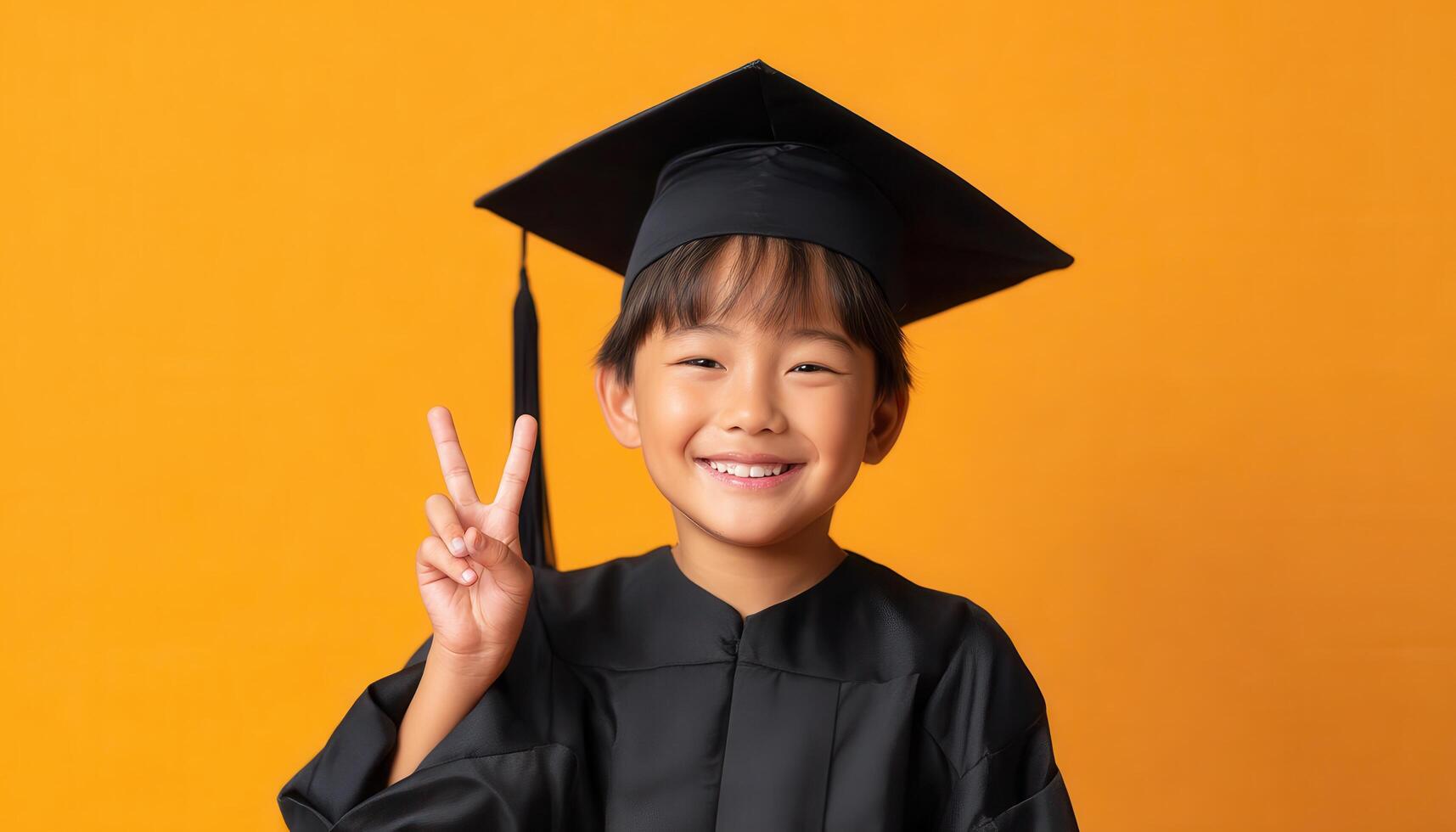 Joyous asian school kid graduation celebration classroom digital photo colorful background smiling pose