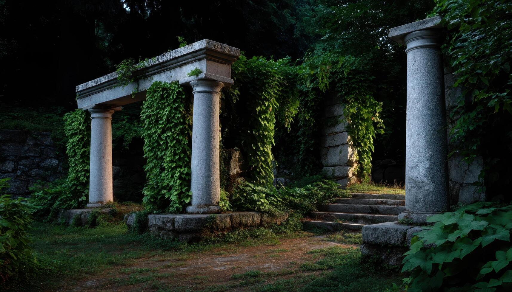 Crumbling ancient temple pillars overgrown nature scene architectural photography serene environment low angle view photo