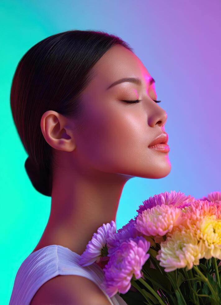 Emotional asian woman with flowers natural beauty in organic cosmetology vibrant art environment photo