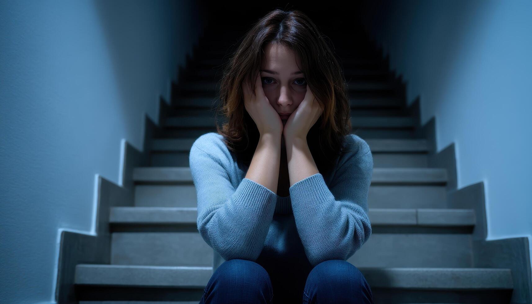 Emotional reflection of a disheveled woman on a staircase indoor setting portrait isolation photo