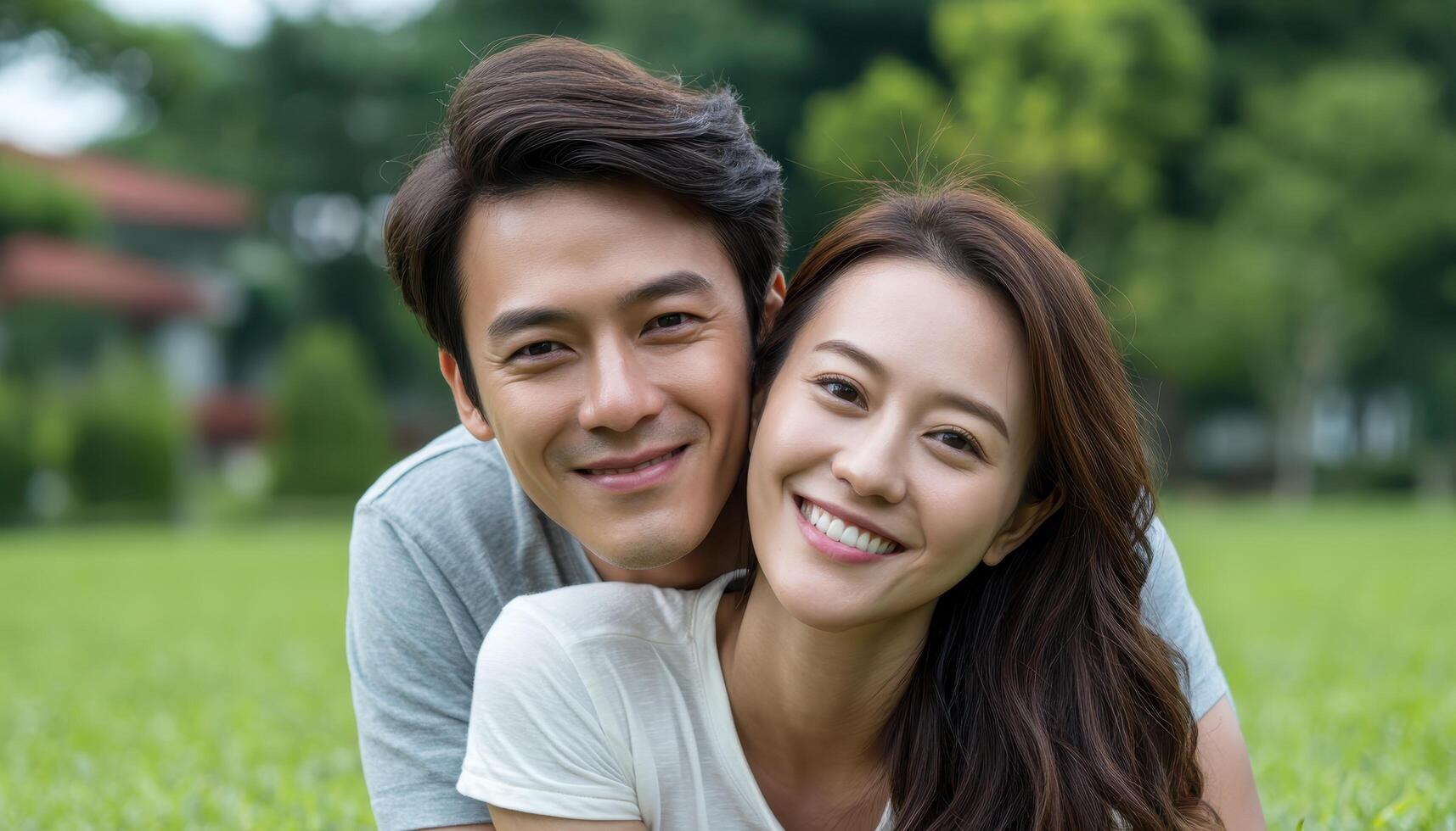 Young asian couple playing outdoors in a green park lifestyle photography joyful moments photo