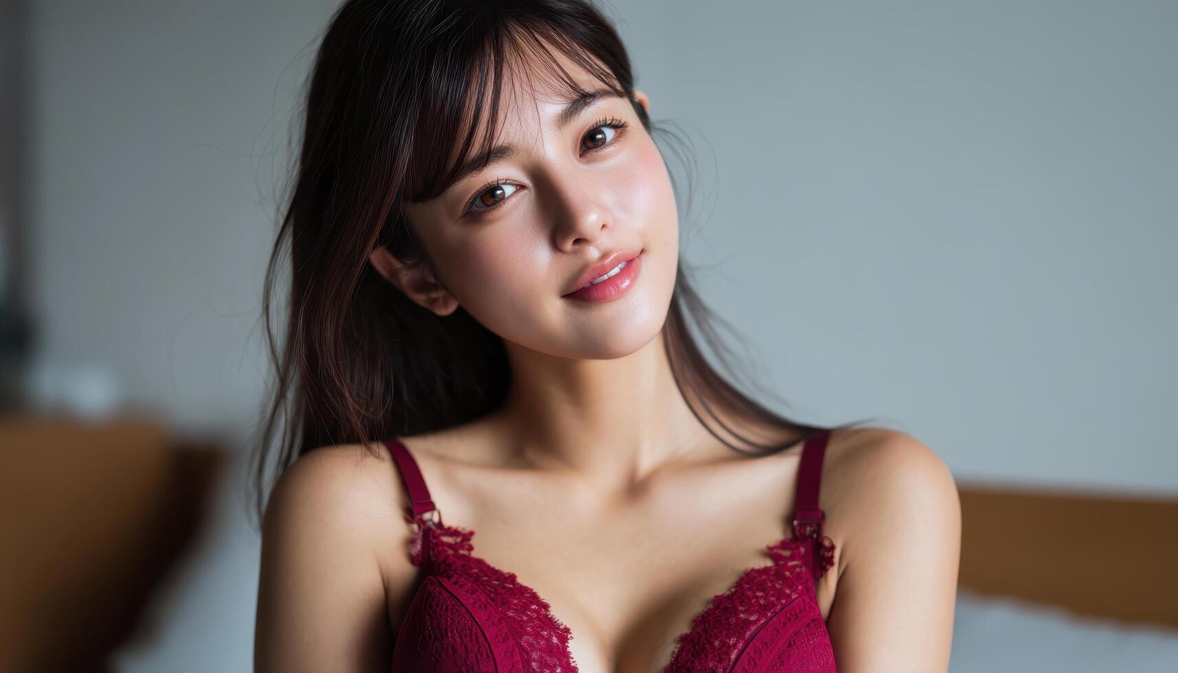 Young asian woman in lingerie bedroom portrait photo relaxed environment upbeat concept