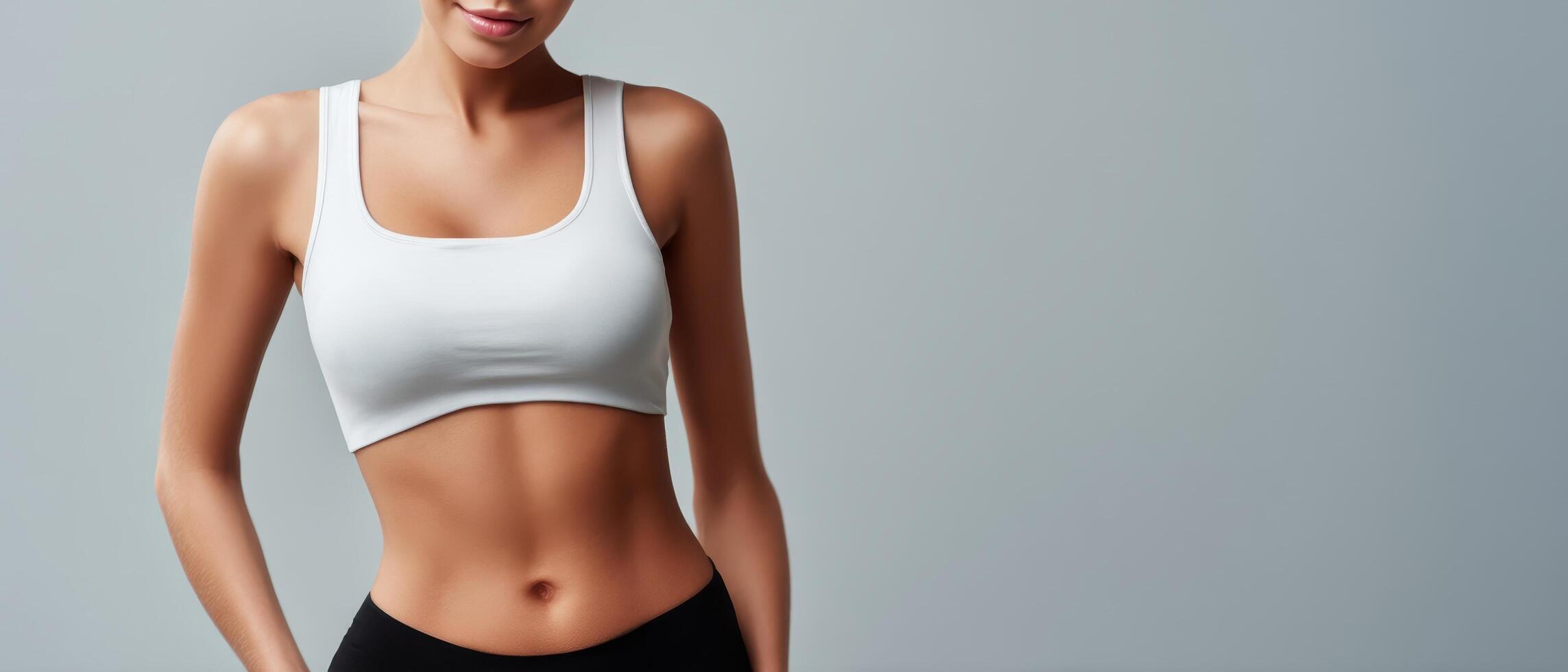 Close-up workout pose slim woman studio body confidence neutral background fitness inspiration photo