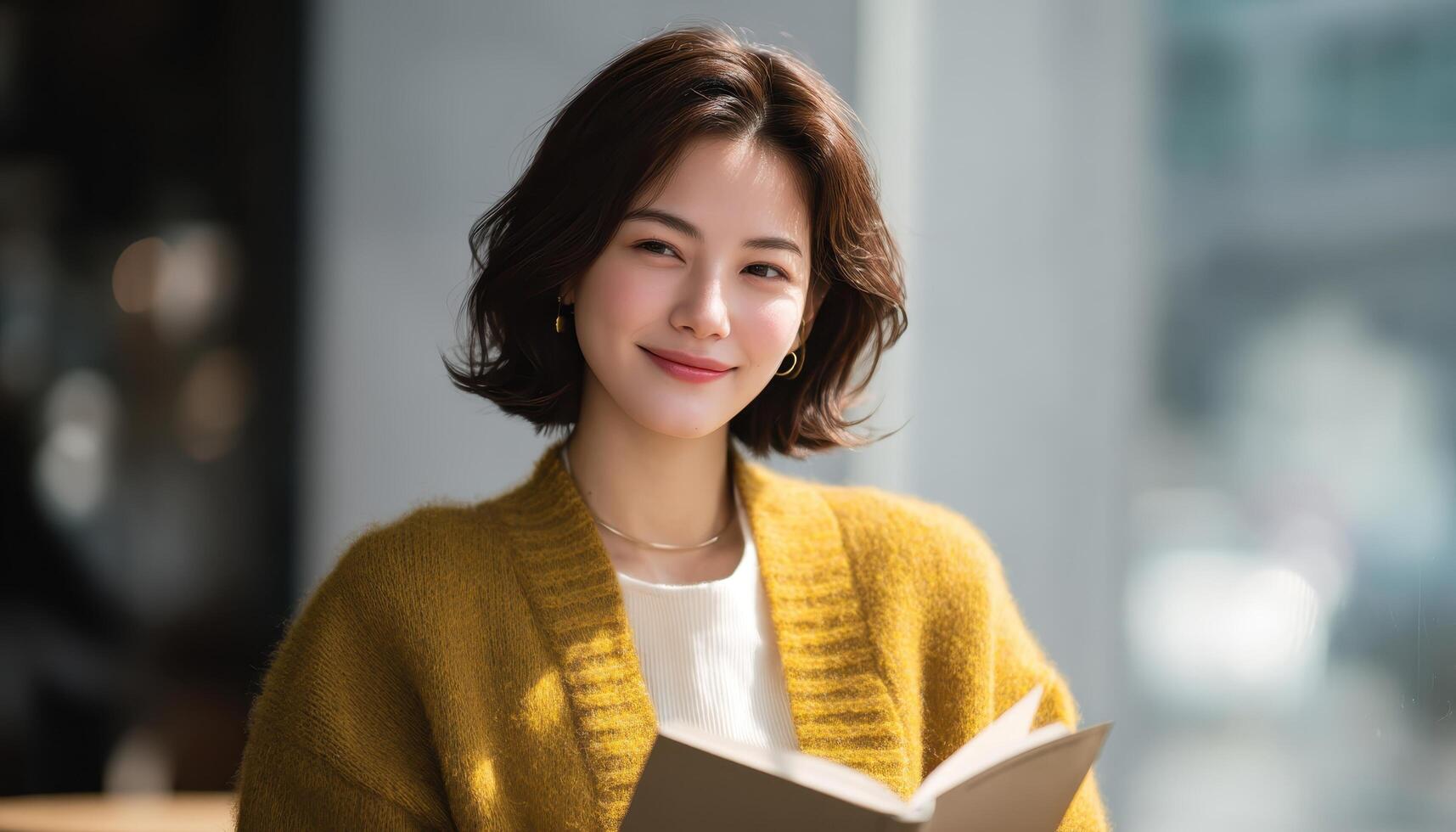 Elegant young asian woman reading a book in a cozy indoor setting lifestyle inspiration for relaxation and comfort photo
