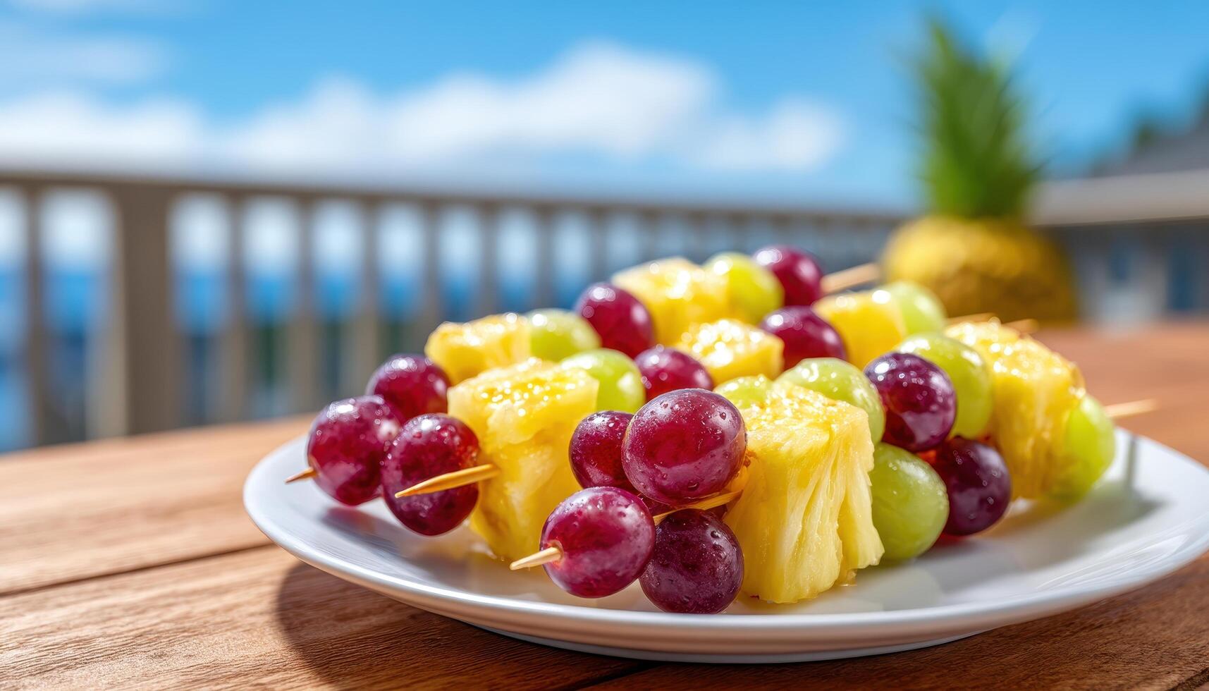 Vibrant fruit skewers with grapes and melon outdoor setting culinary delight summer vibes photo