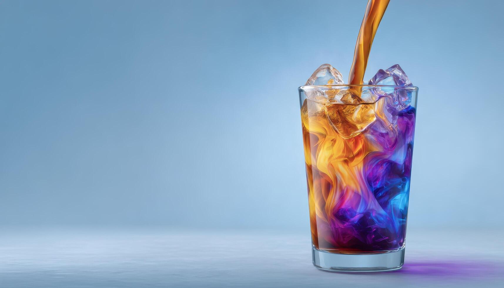 Colorful soft drink pouring into crystal clear glass vibrant background beverage photography photo