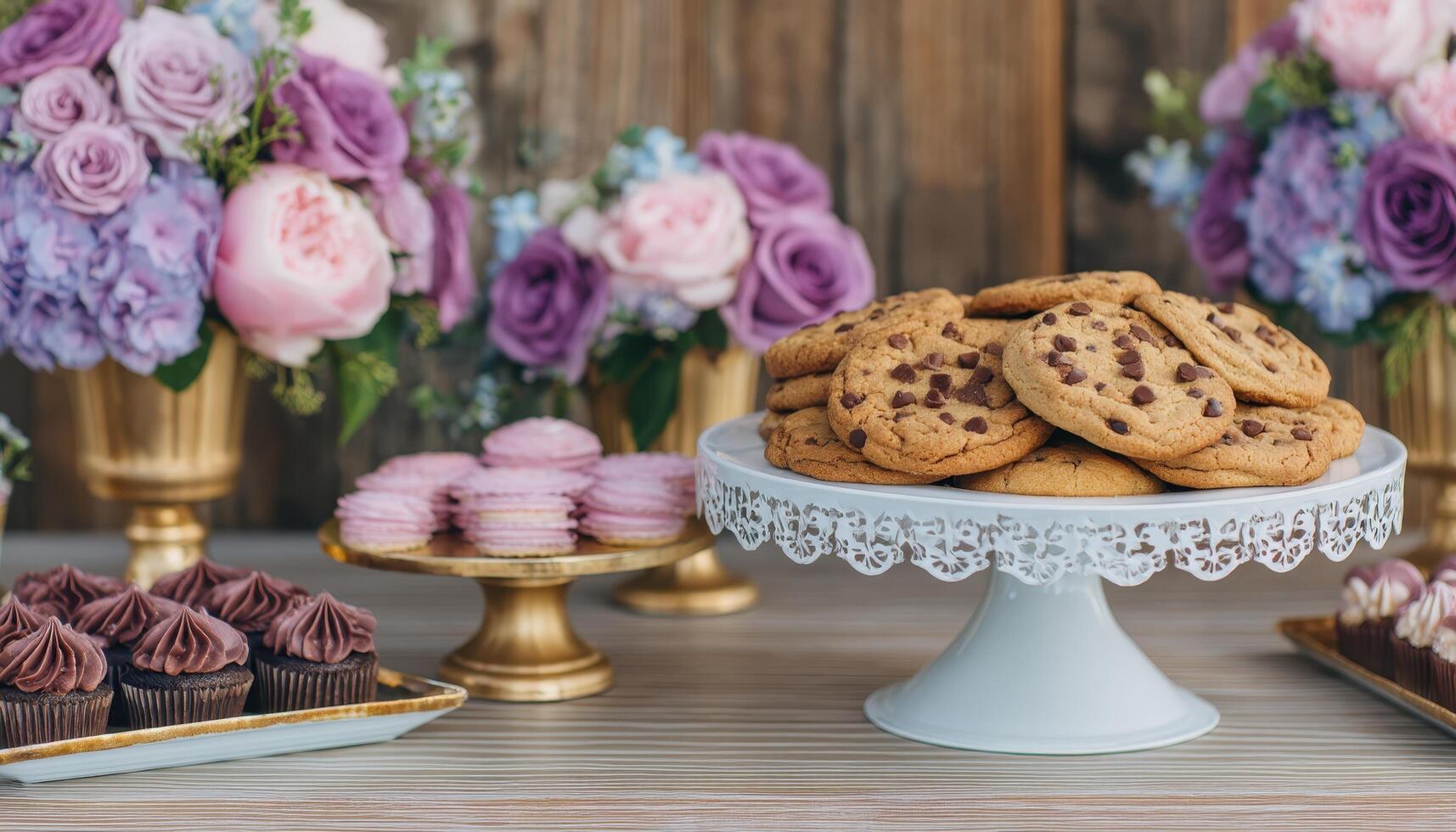 Elegant dessert table display with chocolate treats event venue food photography cozy atmosphere close-up view sweet celebration photo